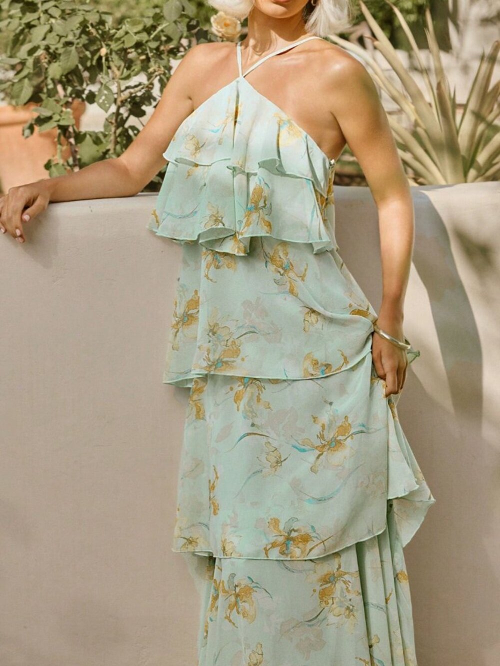 Green Boho Women's Halter Neck Ruffle Floral Chiffon Backless Dress